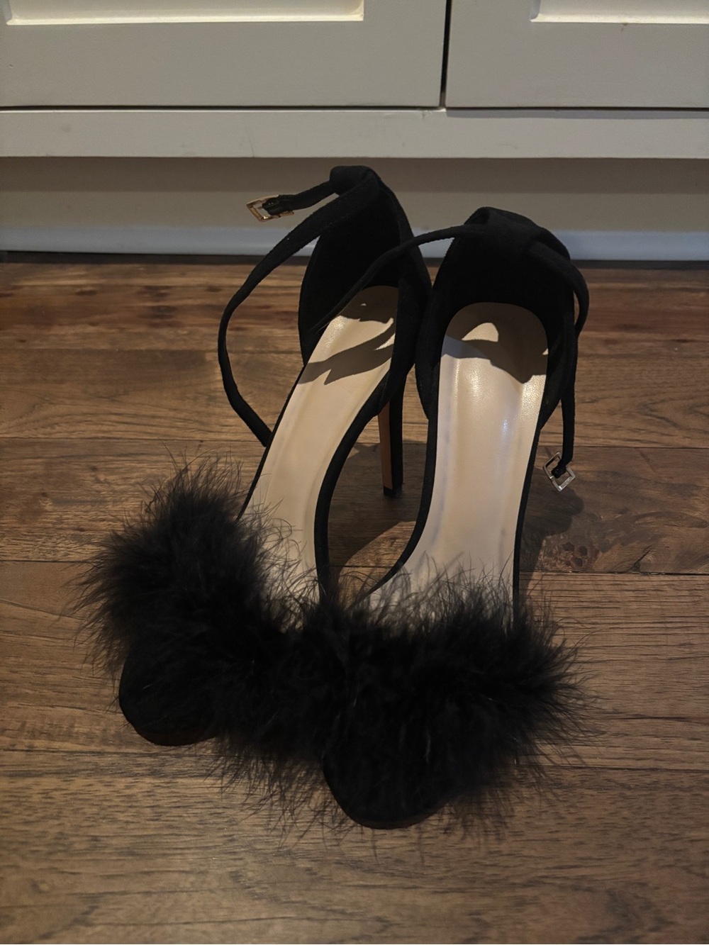 Amazon Black Fur-Trim Ankle Strap Stiletto Heels